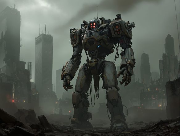 A gritty, atmospheric scene featuring a weathered, industrial robot warrior with glowing red optics, standing guard in a post-apocalyptic cityscape. Mechanical character art, sci-fi robot generator.
