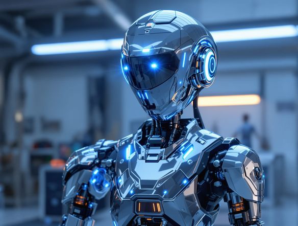 A highly detailed, futuristic character concept art of a friendly service robot, sleek chrome and glowing blue accents, standing in a minimalist workshop. Use custom robot design AI.