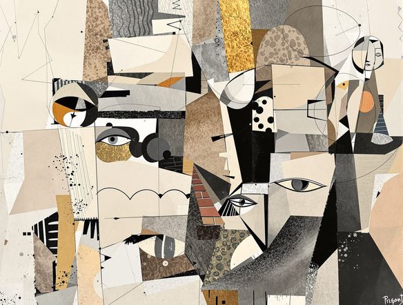 An AI-generated artwork in the distinct Picasso collage style, incorporating the Braque collage technique with overlapping planes, varied textures, and a muted color palette.