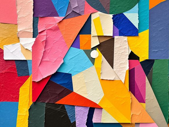 A vibrant, abstract Cubist collage featuring geometric shapes, torn paper textures, and bold colors, generated using AI with a papier collés aesthetic.