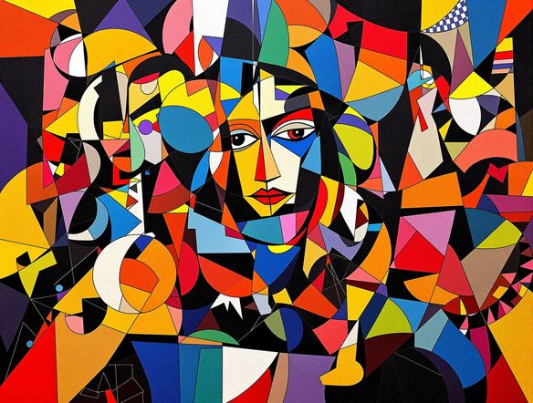 A vibrant Cubist collage featuring geometric shapes, fragmented figures, and bold colors, with elements of famous Cubist paintings subtly integrated into the composition.