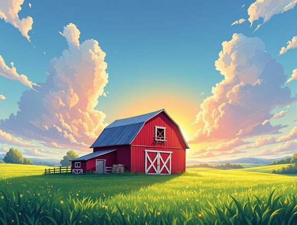 A lush green field with a red barn, sun setting, cartoon logo, vivid colors, clear sky