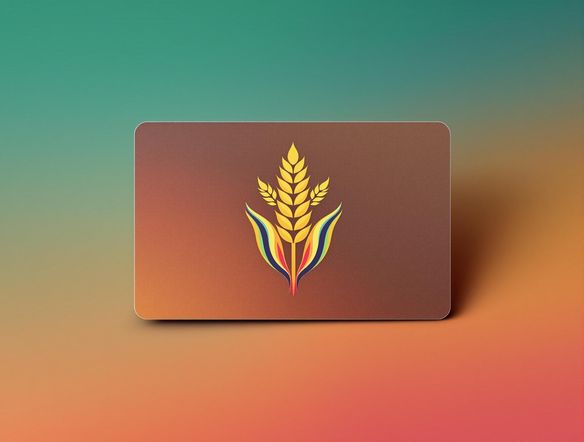 A vibrant farm logo featuring a stylized wheat stalk and a modern font, showcased on a credit card mockup. The background is a clean, professional gradient, emphasizing the logo's clarity and versatility. High resolution, professional quality.