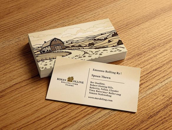 A rustic farm logo with an illustration of a barn and rolling hills, displayed on a free business card mockup. The design incorporates earthy tones and a classic serif font. The card is presented on a wooden surface, enhancing the natural and authentic feel. High resolution.