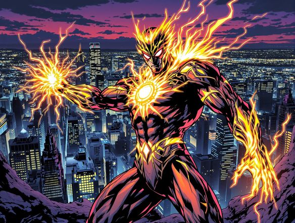 A powerful superhero with a unique costume and glowing energy aura, striking a dynamic pose against a cityscape backdrop, rendered in a vibrant comic book art style.