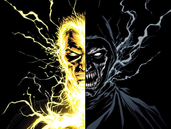 A split image: one side shows a heroic figure with energy powers, the other side a menacing supervillain with shadow abilities, dramatic lighting, comic book art style, supervillain generator.
