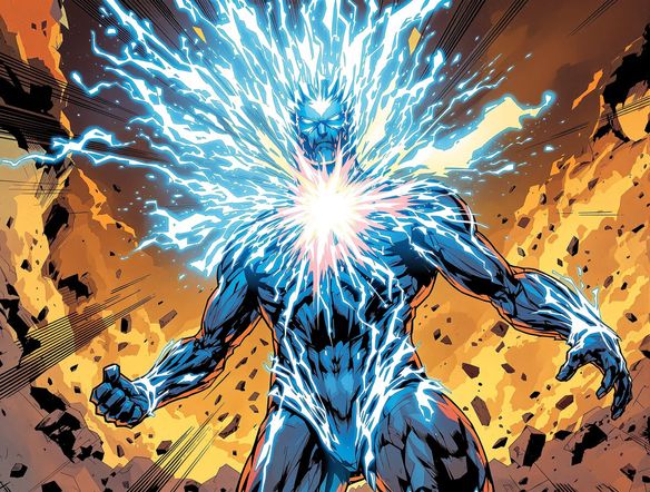 A dynamic comic book panel showcasing a superhero mid-transformation, their costume materializing around them, vibrant colors, detailed character design, superhero design maker.