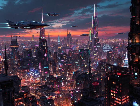 Detailed pencil sketch of a futuristic cityscape at dusk, viewed from a high vantage point, with flying vehicles and neon lights.