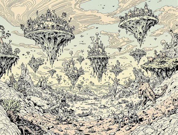 Generate a series of three diverse sketches, each depicting a surreal landscape with floating islands and strange creatures. Focus on varying line weights and shading techniques to showcase different artistic styles.