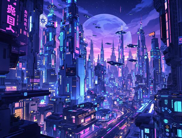 A hand-drawn sketch of a futuristic cityscape, rendered in a detailed and polished style by AI, with neon lights and flying vehicles. Use a blue and purple color scheme.