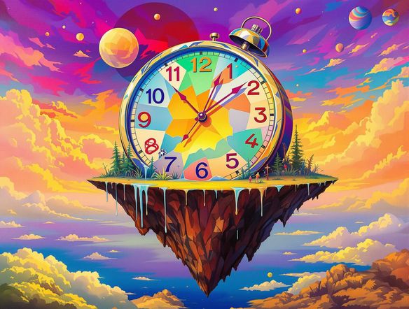 A melting clock draped over a floating island in a vibrant, dreamlike sky, with abstract geometric shapes subtly integrated. Surreal, vivid colors, high detail.