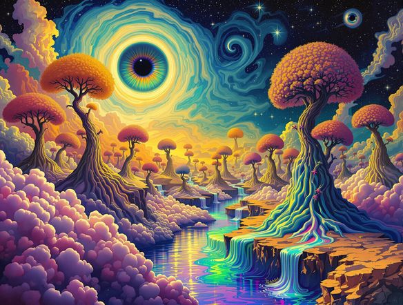 A disembodied eye observing a landscape where trees grow from clouds and rivers flow upwards, rendered in a bold, psychedelic art style with a nod to Dali.