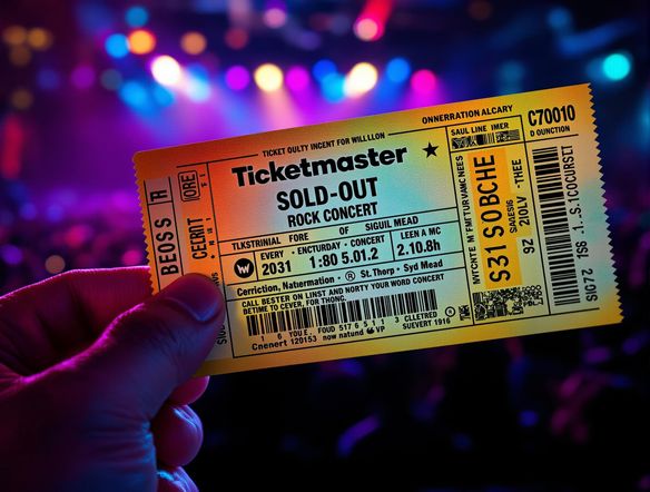 A photorealistic image of a Ticketmaster concert ticket for a sold-out rock concert. The ticket features vibrant colors, detailed security features, and clear, legible text. Showcase the ticket in a dimly lit environment, as if held up at the entrance of a concert venue.
