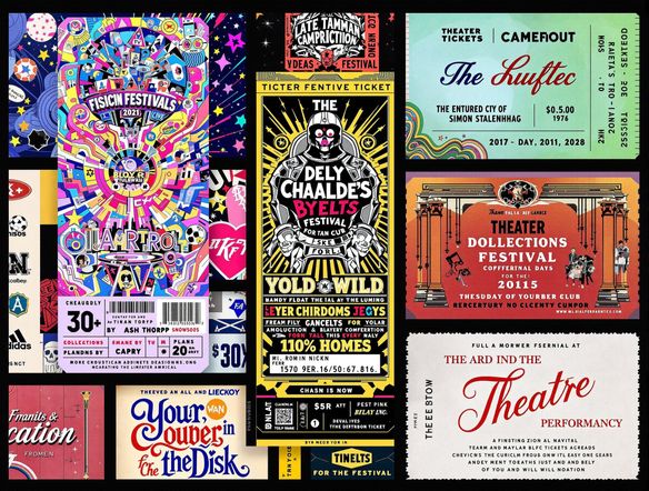 A collage showcasing various event tickets designed with the tool, including a music festival pass with psychedelic art, a sports game ticket with team logos, and a theater performance ticket with elegant typography. Each ticket should be unique and visually appealing, demonstrating the tool's versatility.