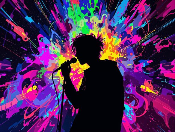 A vibrant concert ticket design featuring a silhouette of a musician against a colorful, abstract background with dynamic lighting and energetic typography.
