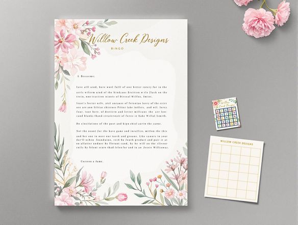 A vibrant and creative letterhead design incorporating watercolor textures and floral elements. Feature the name 'Willow Creek Designs' in a handwritten-style font. Use a color scheme of pastel pink, green, and gold. In the corner, include a miniature, artistic rendering of a bingo game in progress.