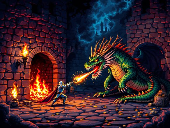 A vibrant 8-bit pixel art scene of a knight battling a dragon in a castle dungeon, vintage video game style AI, generate 8-bit art.
