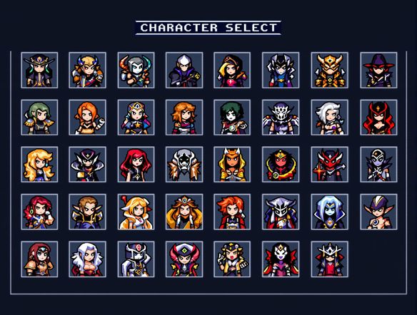 A detailed 16-bit pixel art character select screen from a fantasy RPG, showcasing heroes and villains, classic console graphic generator, 16-bit pixel art maker.