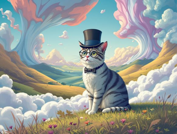 A whimsical portrait of a cat wearing a monocle and top hat, generated by a random photo generator. Use vibrant, playful colors and a cartoonish style. The background should be a surreal landscape.