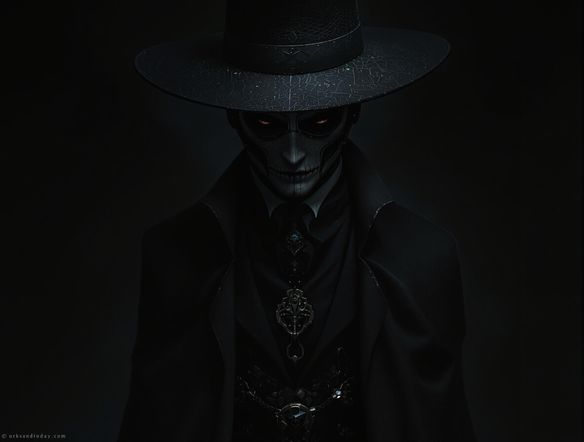 A striking, hyperrealistic portrait of a mysterious figure with piercing eyes and intricate details, set against a dark, moody background.