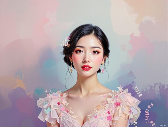 A portrait generated from a photo, transformed into a vibrant oil painting. The subject should have a slightly ethereal and dreamlike quality. Use the random image generator AI to add unexpected elements like subtle floral patterns.