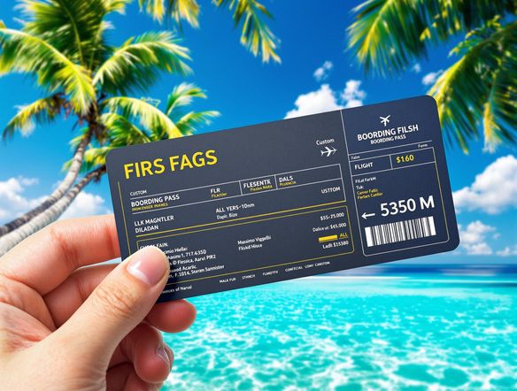 A beautifully designed boarding pass featuring a tropical island scene, vibrant colors, and elegant typography. The ticket includes custom passenger information and flight details. The style is modern and sophisticated, evoking a sense of luxury travel.