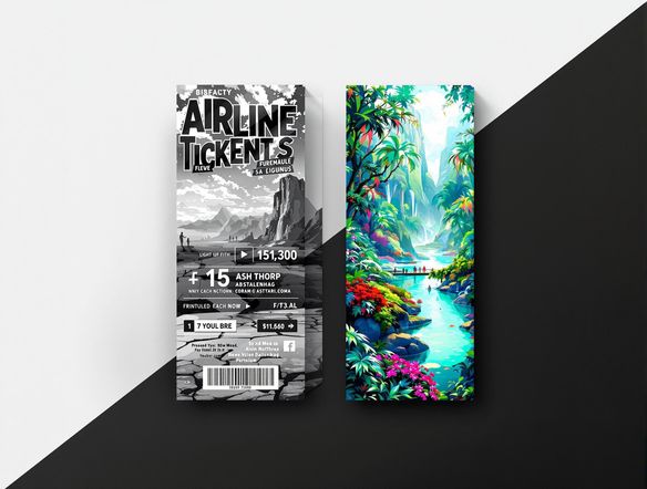 An airline ticket featuring a split-screen design. One side shows a black and white, desolate landscape ('before'), and the other shows a vibrant, lush oasis ('after'). The ticket includes flight details and personalized travel information, with a focus on the contrast between the two scenes.