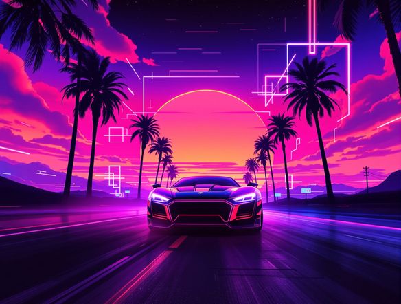 A retro sports car driving into a sunset, with palm trees and geometric shapes, embodying pure synthwave art and the iconic 80s aesthetic, vibrant neon colors.