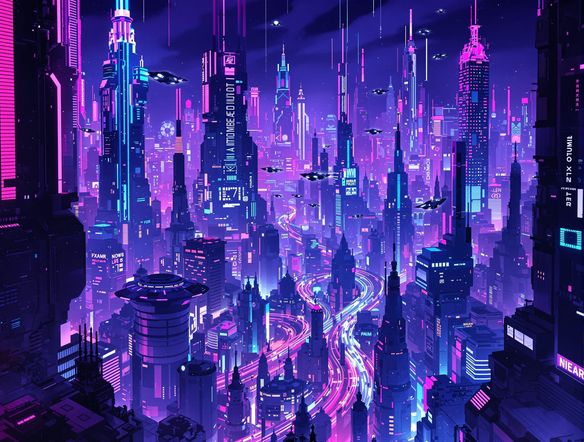 A sprawling neon cityscape at night, with flying vehicles and towering skyscrapers, bathed in vibrant pink and blue light, cyberpunk aesthetic, futuristic art.