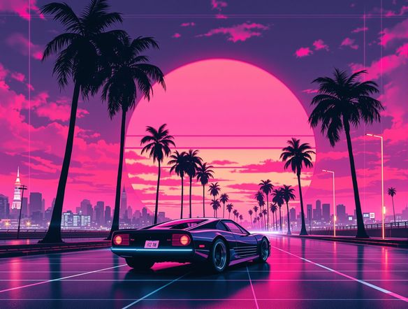 A neon-drenched cityscape at sunset, palm trees silhouetted against a vibrant pink and purple sky, a classic sports car driving into the distance, 80s synthwave aesthetic.