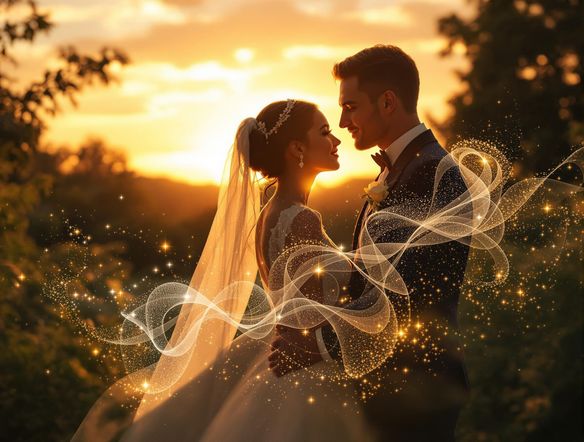 Elegant wedding scene with a bride and groom silhouetted against a sunset, overlaid with a soft, glowing timeline visualization.