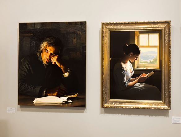 A Rembrandt style AI portrait of a contemplative scholar in a dimly lit study, dramatic lighting, oil painting texture. Vermeer style painting of a woman reading a letter by a window.