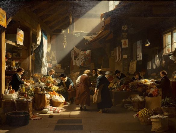 A meticulously detailed 17th century Dutch painting of a bustling market scene, rendered in the style of Dutch Golden Age art, oil on canvas texture.