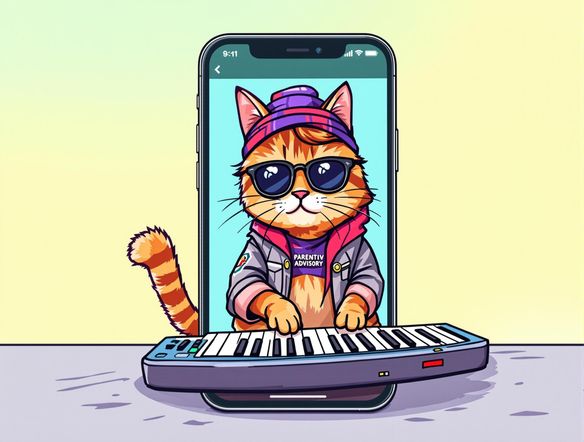 A humorous video mockup featuring a cat playing a keyboard, displayed on a smartphone screen. The video includes a funny parental advisory logo generator overlay. Cartoon style, vibrant colors, meme aesthetic.
