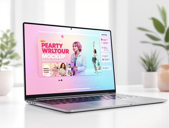 A realistic video mockup displayed on a sleek laptop screen, showcasing a vibrant and engaging user interface with a parental advisory sticker generator subtly integrated into the design. High resolution, professional lighting.