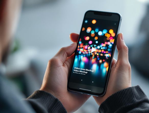 A person holding a phone displaying a vibrant video mockup, dynamic lighting, bokeh effect, focus on the screen, clean background.