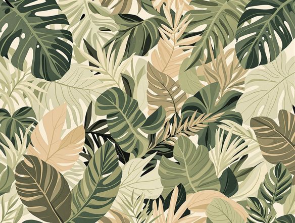 Create a repeating SVG background pattern from an image of tropical leaves. The background pattern generator should seamlessly tile the image, creating a lush and vibrant design suitable for a website promoting eco-friendly products. Use a muted color palette with shades of green and brown.
