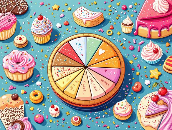 A whimsical cartoon illustration of an AI chart generator creating a pie chart made of delicious cartoon pastries, bright and cheerful colors, playful style, digital art.