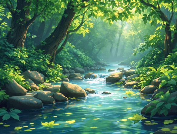 A serene landscape of a forest stream, with water gently flowing and leaves rustling in the breeze. The rest of the image remains still, creating a seamless loop art effect. Lush greens, dappled sunlight, subtle motion video.