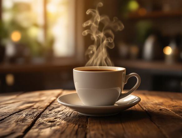A mesmerizing cinemagraph of a steaming cup of coffee on a rustic wooden table, with gentle steam rising and subtle background movement, rendered in a photorealistic style.