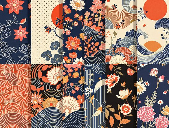 A collection of traditional Japanese pattern generator designs, resembling screen-printed paper art, featuring geometric and nature motifs, vibrant ink on paper texture, minimalist aesthetic.
