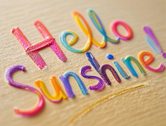 Close-up of a handwritten phrase using a thick, colorful crayon font. The phrase should be 'Hello Sunshine!' on a textured paper background. Soft, diffused lighting, focus on the crayon strokes.