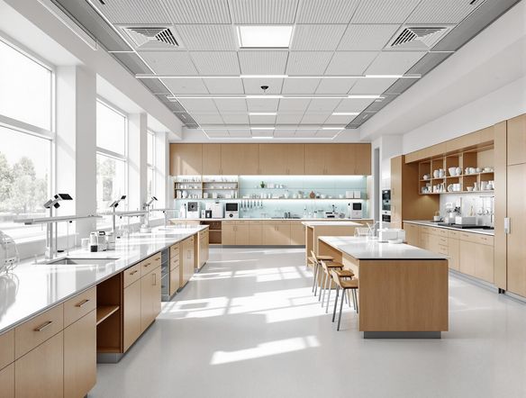 A modern high school science lab with efficient use of space, featuring lab tables, equipment, and storage solutions, rendered in a clean and professional architectural visualization style.