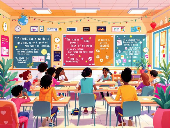 Overhead view of a brightly colored, well-organized classroom with diverse students and an inspiring, colorful atmosphere, digital art.