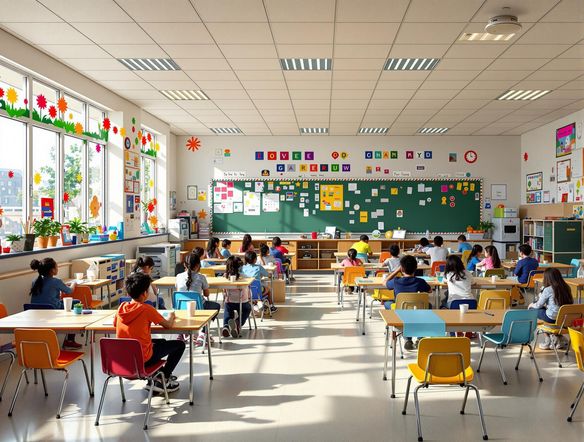 A bright and spacious elementary school classroom with flexible seating arrangements, collaborative workspaces, and colorful decorations, generated in a photorealistic style.