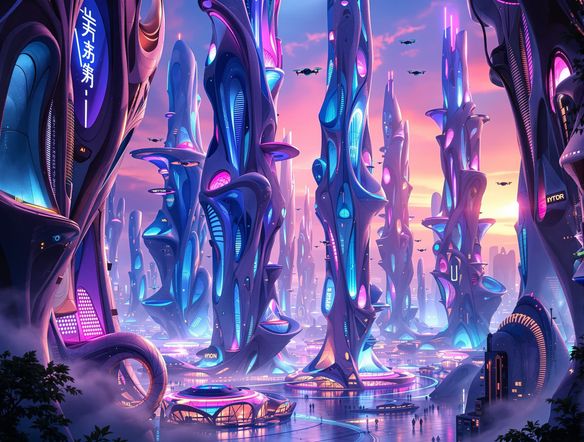 Futuristic cityscape with towering, organic skyscrapers bathed in ethereal light, a blend of advanced technology and natural forms, showcasing innovative AI building design.