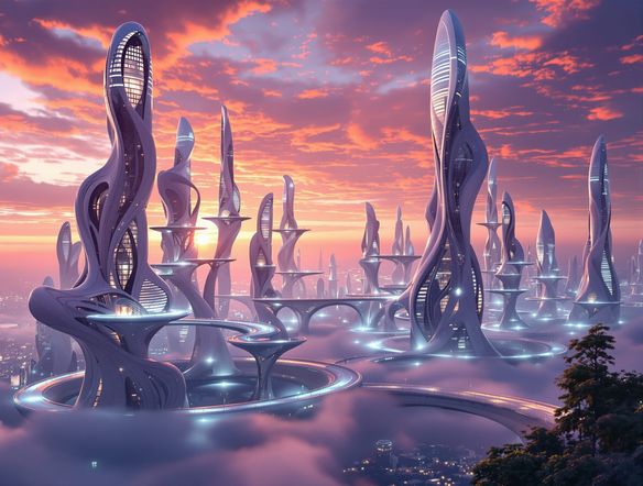 A breathtaking, hyperrealistic render of a futuristic city skyline at sunset, featuring organic, flowing skyscrapers and sky-bridges, created by a futuristic building maker.