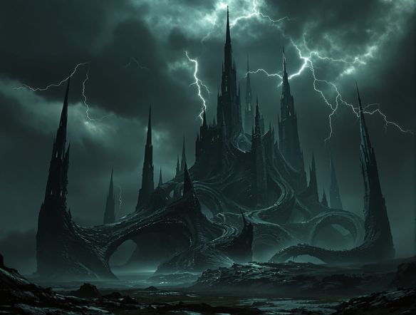 A dramatic, atmospheric scene showcasing a fusion of brutalist architecture generator elements with gothic spires and alien organic shapes, set against a stormy sky.