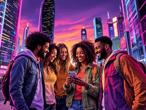 A diverse group of friends laughing and looking at a phone, with a vibrant and modern cityscape in the background, symbolizing connection and fun.
