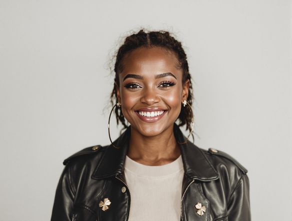 A close-up Tinder profile picture featuring a person smiling warmly at the camera. Superimposed on the image is a stylishly designed word in a png format, subtly highlighting a key personality trait or interest. The overall effect is modern and visually engaging.